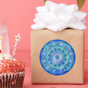 Mandala White Outline blue Watercolor -  Classic Round Sticker
