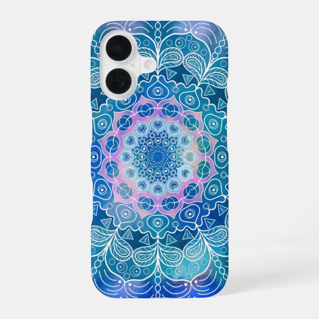 Mandala White Outline blue Watercolor -  iPhone 16 Case (Back)