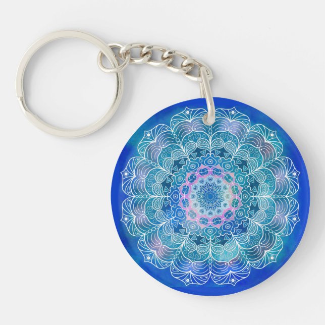 Mandala White Outline blue Watercolor -  Keychain (Front)