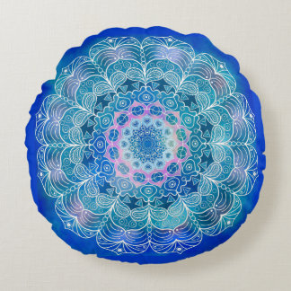 Mandala White Outline blue Watercolor -  Round Pillow