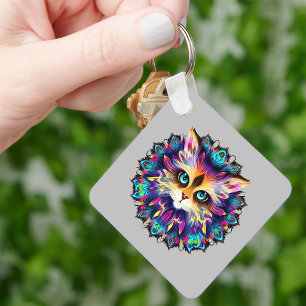 Mandala with cute furry Cat portrait  Keychain