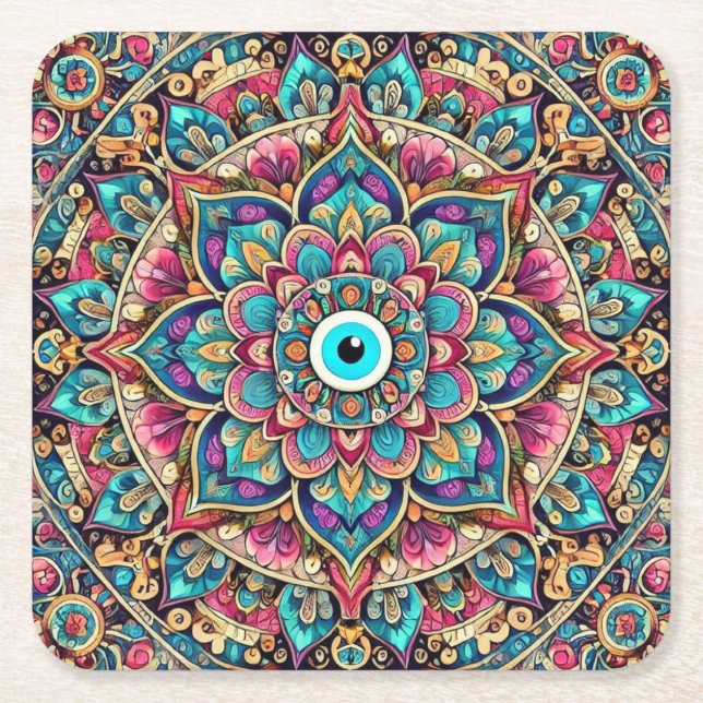 Mandala with evil eye square paper coaster (Front)
