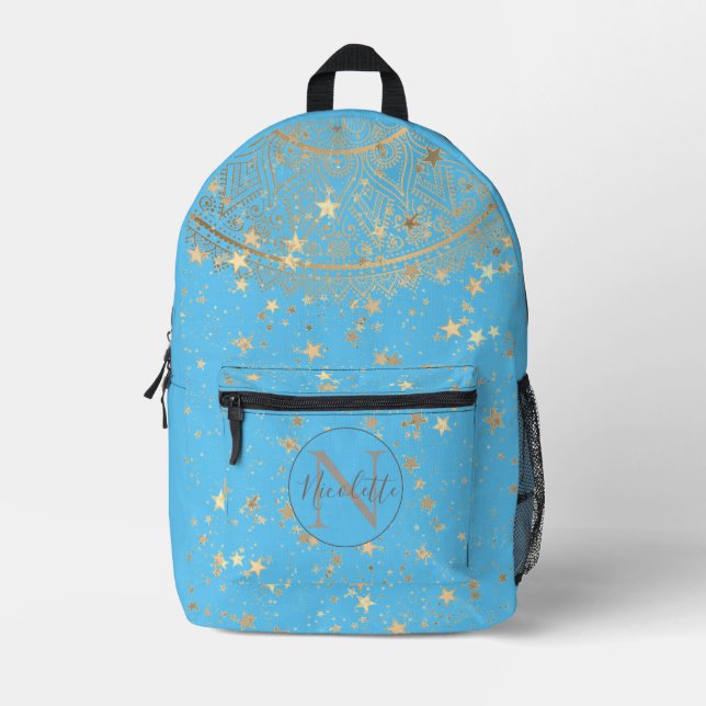  Mandala with Gold Stars on Turquoise Personalized Printed Backpack (Front)