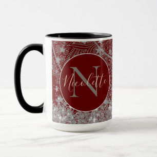  Mandala with Monogram Glitter Silver Stars Red  Mug