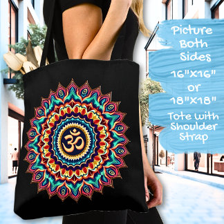 Mandala with OM symbol on a Black Tote Bag