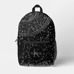 Mandala with Silver Stars on Black Personalized Printed Backpack