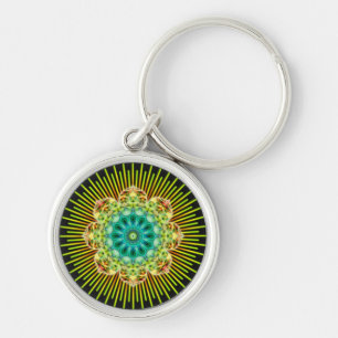 Mandala yellow green   black keychain