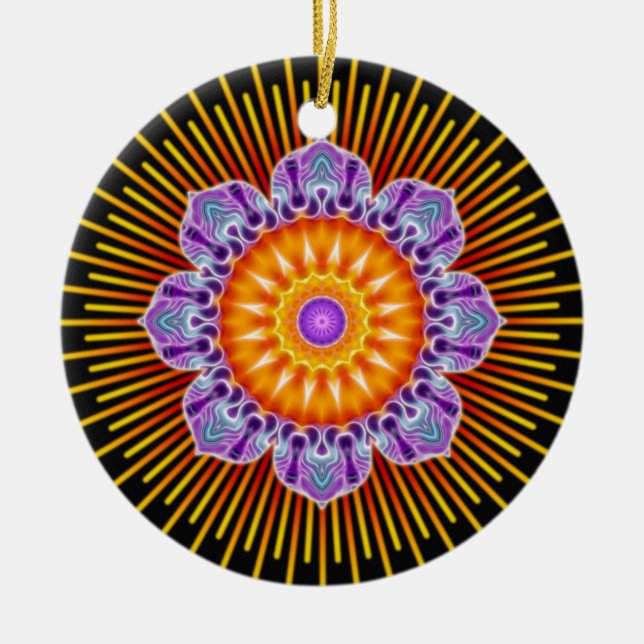 Mandala yellow violet black ceramic ornament (Front)