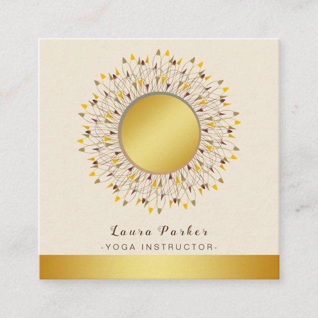 Mandala Yoga Instructor Classic  Lotus Floral Gold Square Business Card (Front)