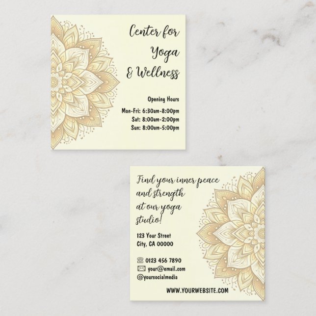Mandala Yoga Studio Light Yellow Pastel Colours Square Business Card (Front/Back)