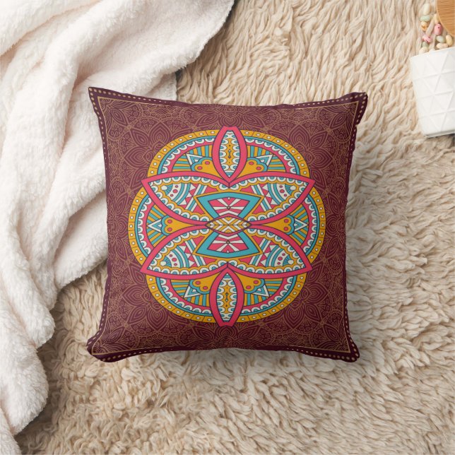 Mandalas in mixed Maroon repeat patterns Throw Pillow (Blanket)