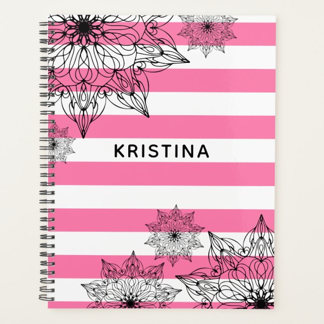 Mandalas noir chic sur bandes rose et blanche (Devant)