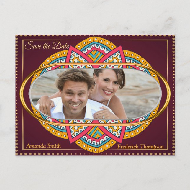 Mandalas on a Maroon background Announcement Postcard (Front)