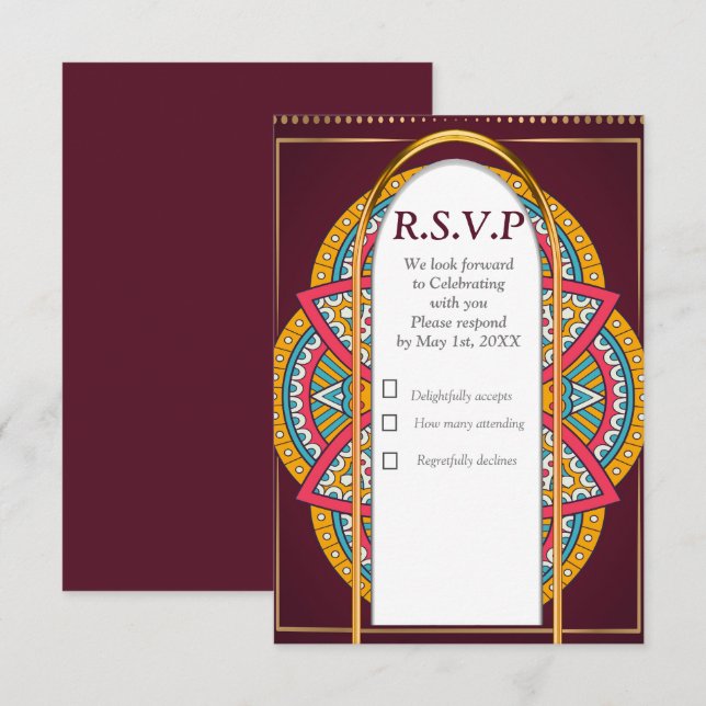 Mandalas on a Maroon background RSVP Card (Front/Back)