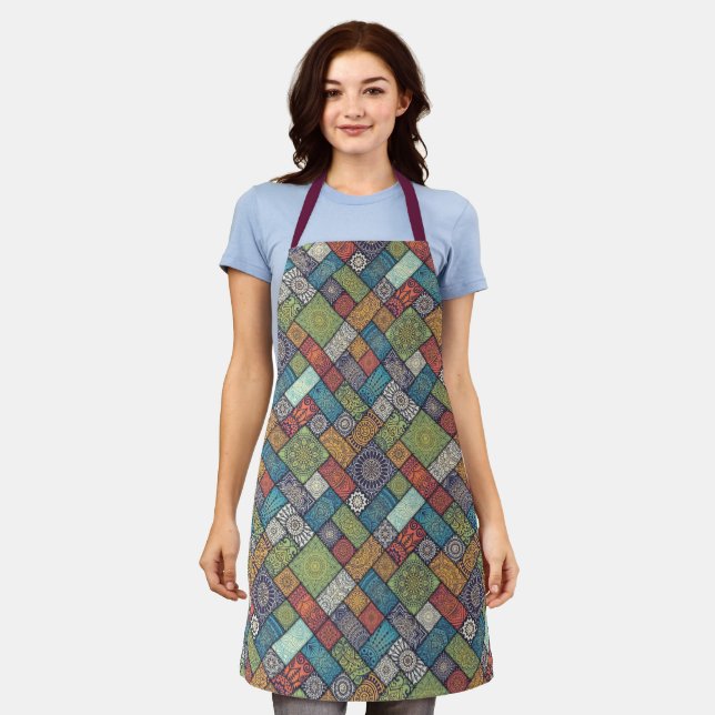 Mandalas squares rectangles muted colours pattern apron (Worn)