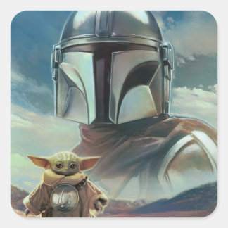 Mandalorian and Grogu Desert Painting Square Sticker