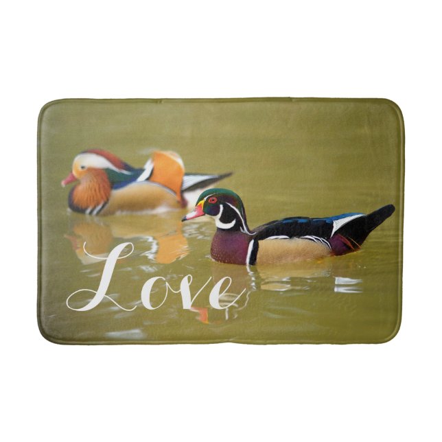 Mandarin Duck Couple / Love Birds Custom Wedding Bath Mat (Front)