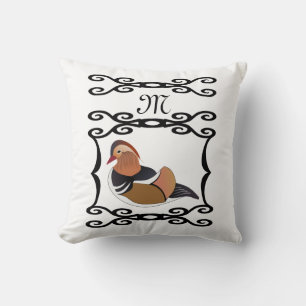 Mandarin Duck Illustration Monogram Throw Pillow