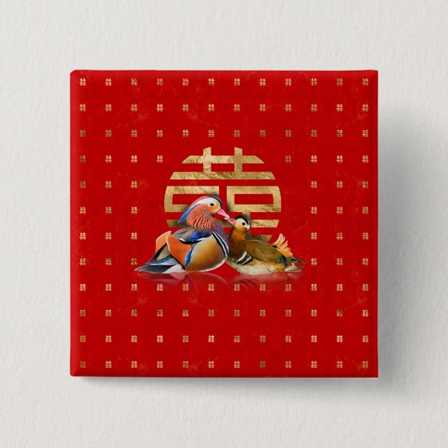Mandarin Ducks and Double Happiness on red 2 Inch Square Button (Front)