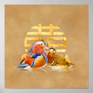 Mandarin Ducks and Double Happiness Symbol Poster