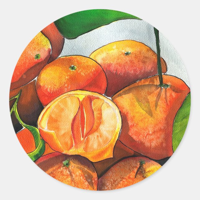 Mandarin orange watercolor fruit art classic round sticker (Front)