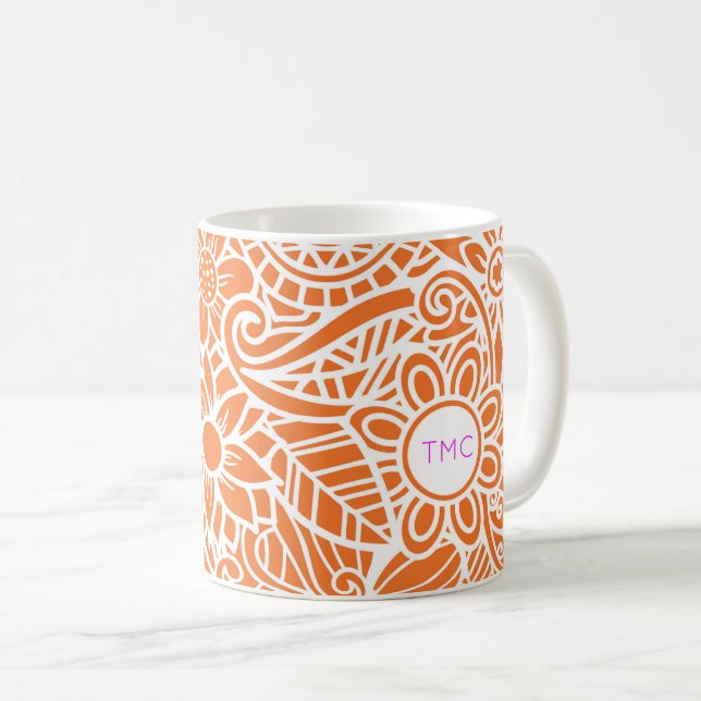 Mandela Floral Orange White Pink Monogram INITIALS Coffee Mug (Front Right)