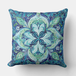 Mandela Navy Blue Emerald Green Bohemian Pattern  Throw Pillow
