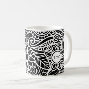 Mandela Tropical Floral INITIALS Black White Fun Coffee Mug