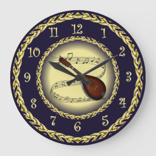 Mandolin 01 ~ Musical Scroll ~ Gold/Navy Blue ~  Large Clock