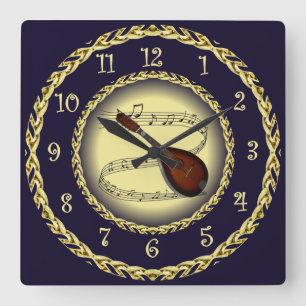 Mandolin 01 ~ Musical Scroll ~ Gold/Navy Blue ~  Square Wall Clock