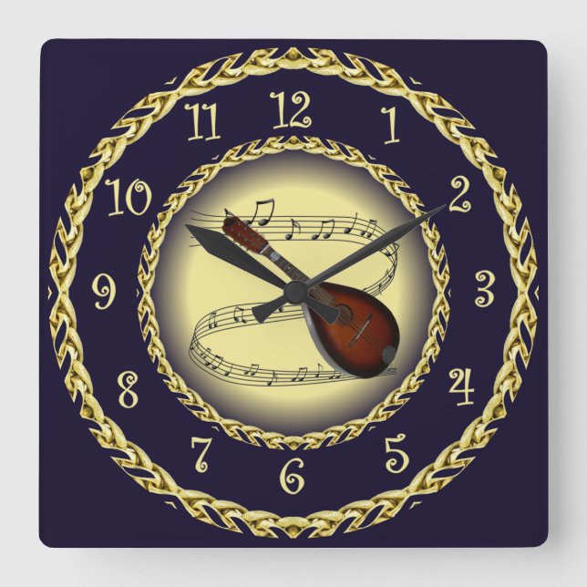 Mandolin 01 ~ Musical Scroll ~ Gold/Navy Blue ~  Square Wall Clock (Front)