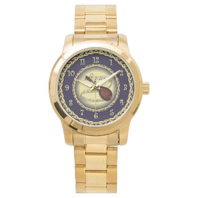 Mandolin 01 ~ Musical Scroll ~ Gold/Navy Blue ~ Watch (Front)