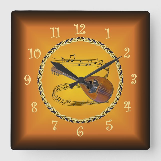Mandolin 02 On Musical Scroll & Russet Orange ~  Square Wall Clock (Front)