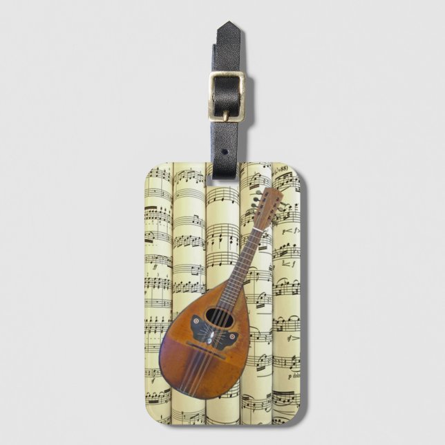 Mandolin 02 On Rolled Sheet Music ~  Luggage Tag (Front Vertical)