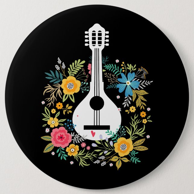Mandolin Flowers Pattern Player String Instruments 6 Inch Round Button (Front)