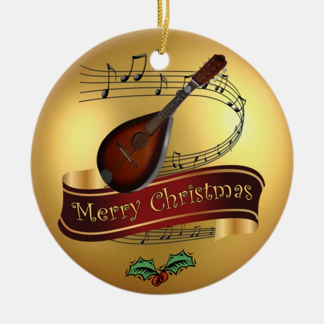 Mandolin ~ Musical Scroll ~ Gold Merry Christmas ~ Ceramic Ornament (Front)