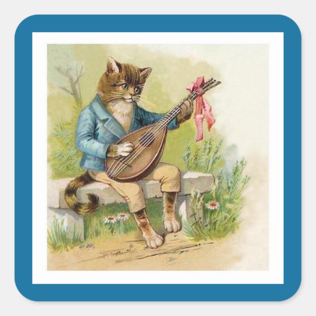 Mandolin-Playing Cat in Shimmering Sky Blue Jacket Square Sticker (Front)