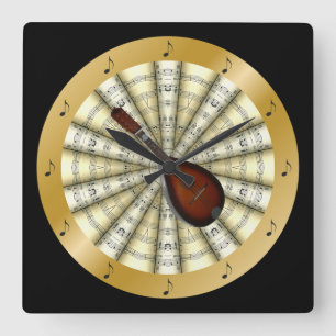 Mandolin ~ Rolled Sheet Music ~ Black or Any Colou Square Wall Clock