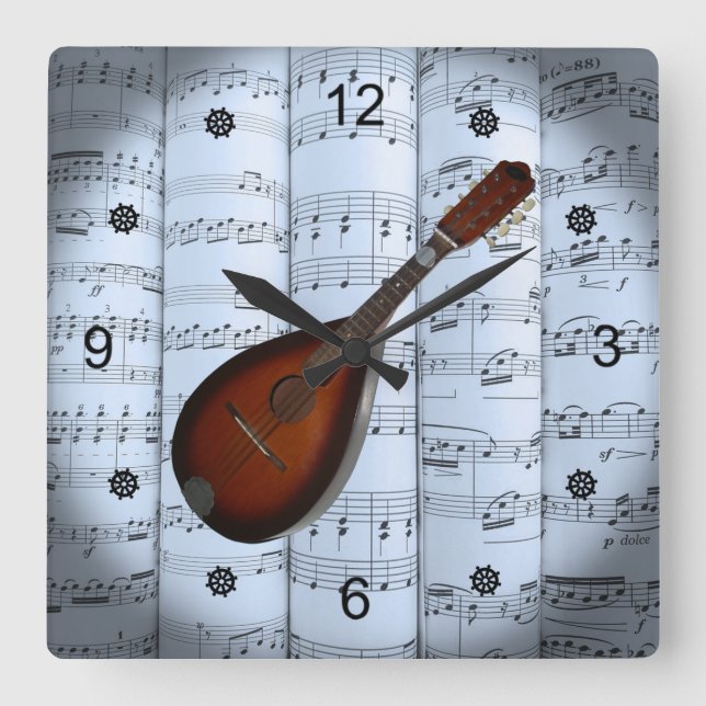Mandolin~Rolled Sheet Music~Blue Tint Background ~ Square Wall Clock (Front)
