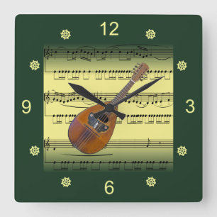 Mandolin~Rolled Sheet Music~Gold/Green Background~ Square Wall Clock