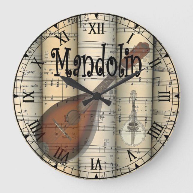Mandolin ~ Rolled Vintage Sheet Music ~ Unique ~ Large Clock (Front)