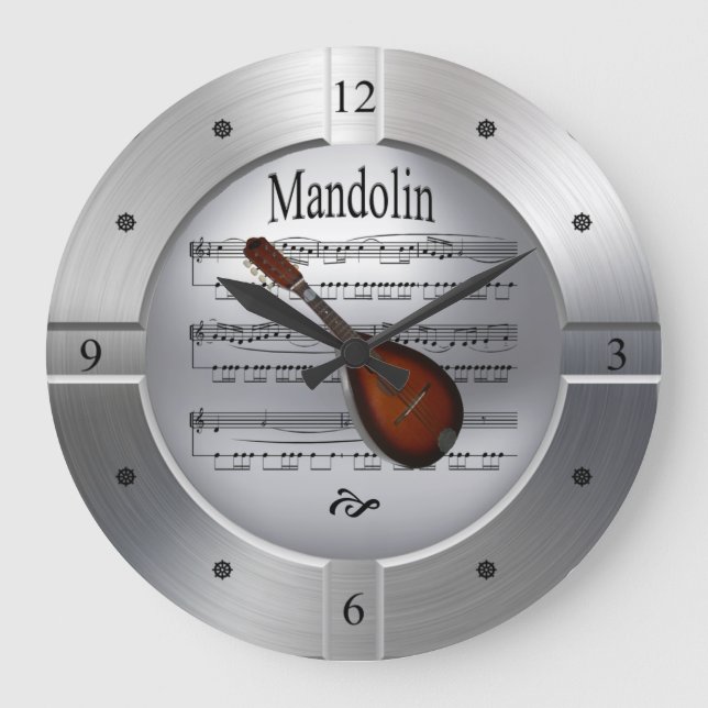 Mandolin ~ Sheet Music ~ Brushed Silver Colour ~ Large Clock (Front)