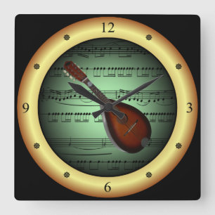 Mandolin ~ Sheet Music ~ Green/Gold Background ~ Square Wall Clock