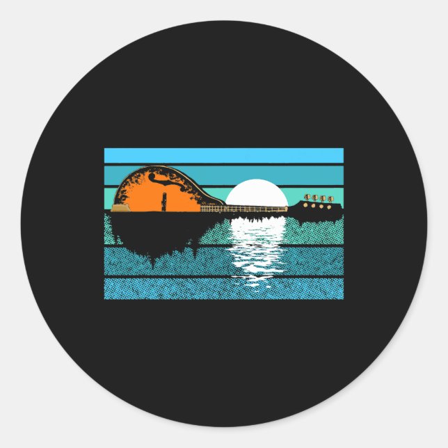 Mandolin Trees Moon Night Reflection 80s Retro Blu Classic Round Sticker (Front)