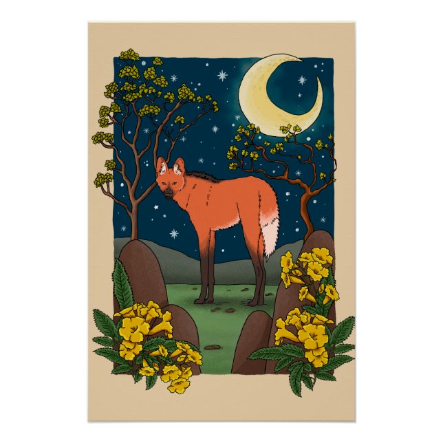 Maned Wolf and Ipe Flower Pillow - Brazilian Anima Poster (Front)
