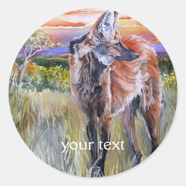 Maned Wolf Watercolor Art Classic Round Sticker (Front)