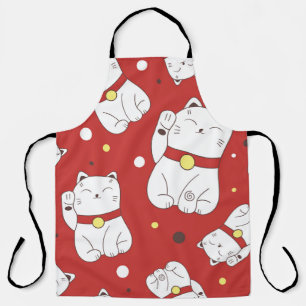 Maneki-Neko cat, Japanese doodle pattern. Apron
