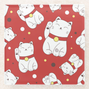 Maneki-Neko cat, Japanese doodle pattern. Glass Coaster