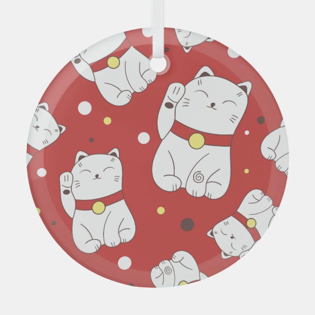 Maneki-Neko cat, Japanese doodle pattern. Glass Ornament (Front)