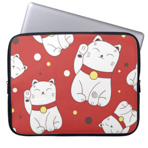 Maneki-Neko cat, Japanese doodle pattern. Laptop Sleeve